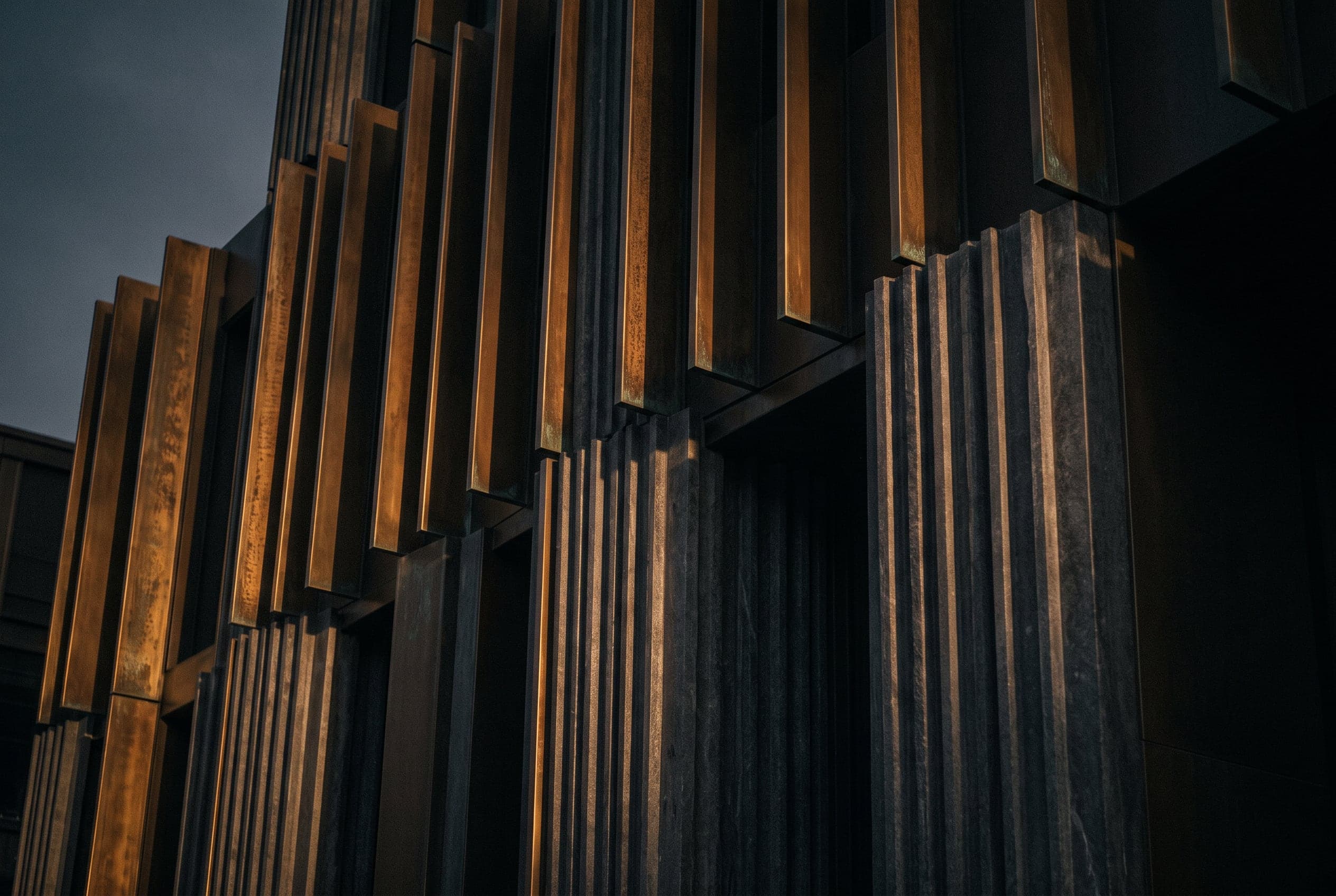 Close study of an architectural facade at dusk